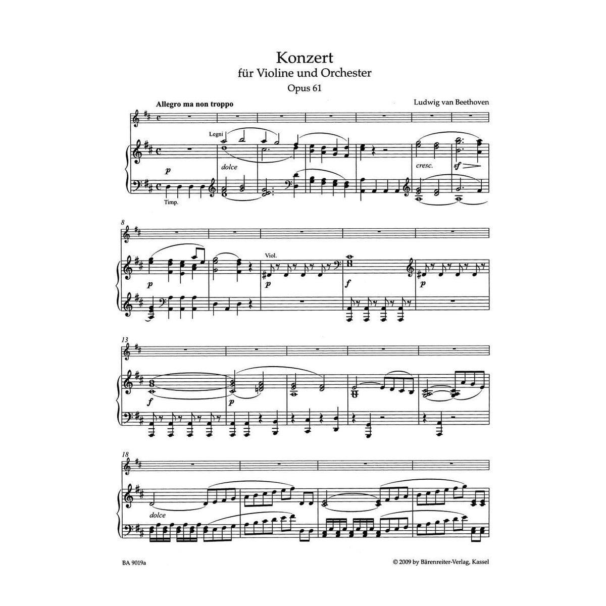 Beethoven, Ludwig van - Concerto for Violin and Orchestra in D Major, Op 61 - for Violin and Piano - edited by Jonathan Del Mar - Barenreiter URTEXT