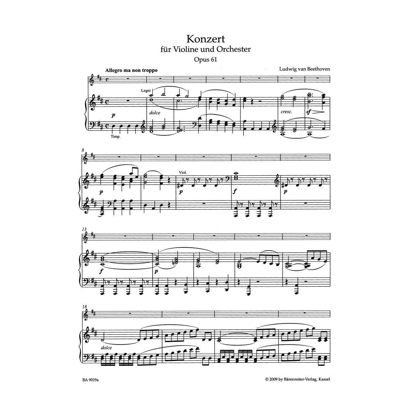 Beethoven, Ludwig van - Concerto for Violin and Orchestra in D Major, Op 61 - for Violin and Piano - edited by Jonathan Del Mar - Barenreiter URTEXT