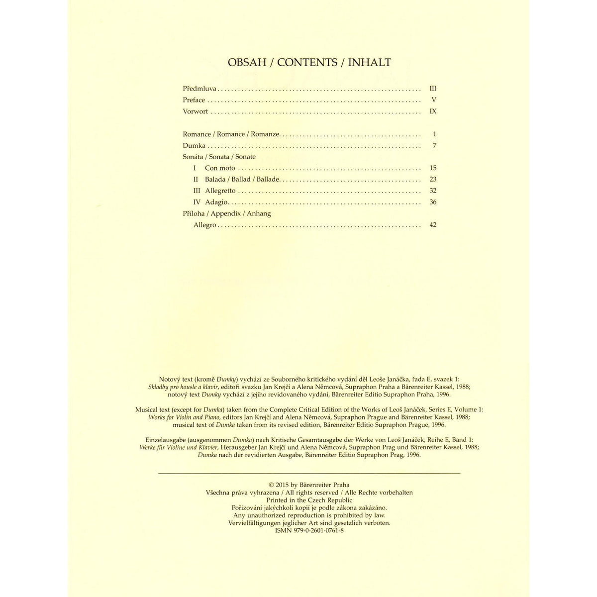 Janáček, Leoš - Works for Violin and Piano - Score and Parts - edited by Jan Krejčí and Alena Němcová - Bärenreiter Verlag URTEXT