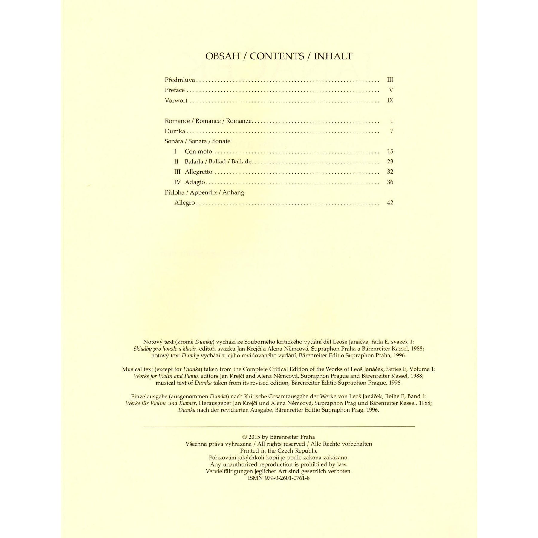 Janáček, Leoš - Works for Violin and Piano - Score and Parts - edited by Jan Krejčí and Alena Němcová - Bärenreiter Verlag URTEXT