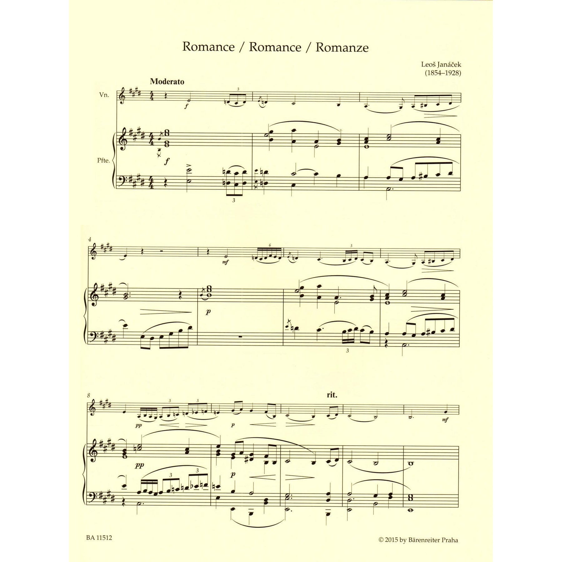 Janáček, Leoš - Works for Violin and Piano - Score and Parts - edited by Jan Krejčí and Alena Němcová - Bärenreiter Verlag URTEXT