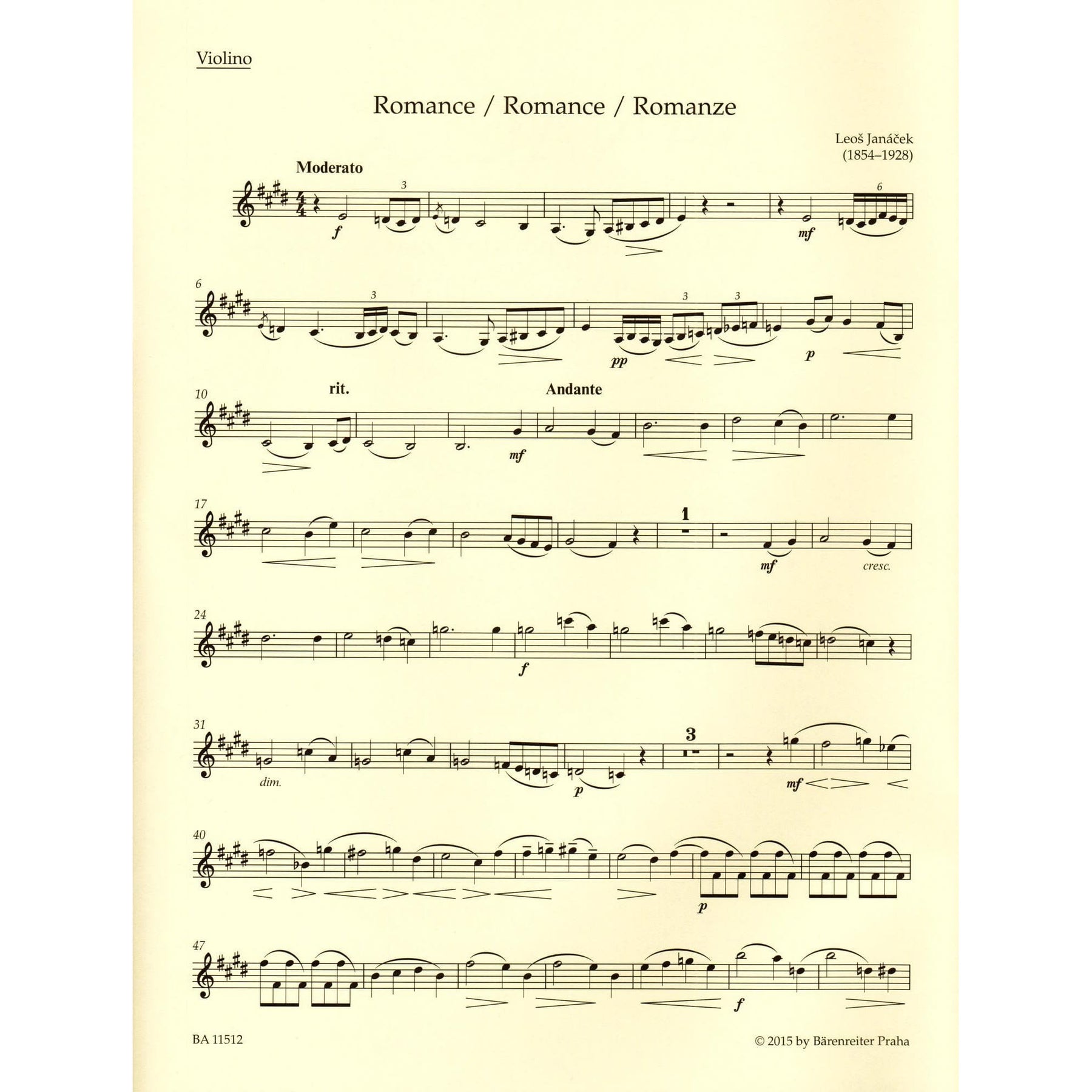 Janáček, Leoš - Works for Violin and Piano - Score and Parts - edited by Jan Krejčí and Alena Němcová - Bärenreiter Verlag URTEXT