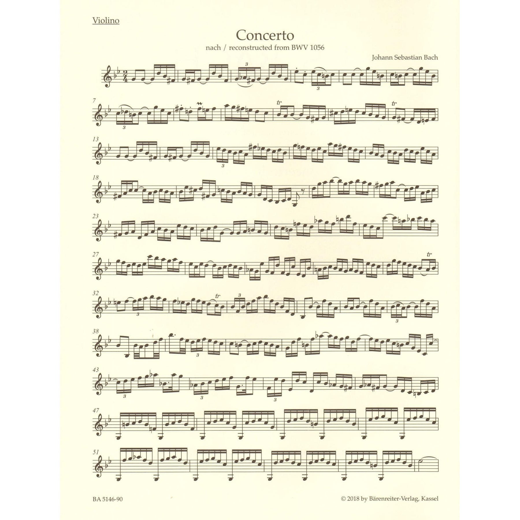 Bach, J.S. - Concerto in G minor, BWV 1056 - for Violin and Piano - Barenreiter URTEXT Edition