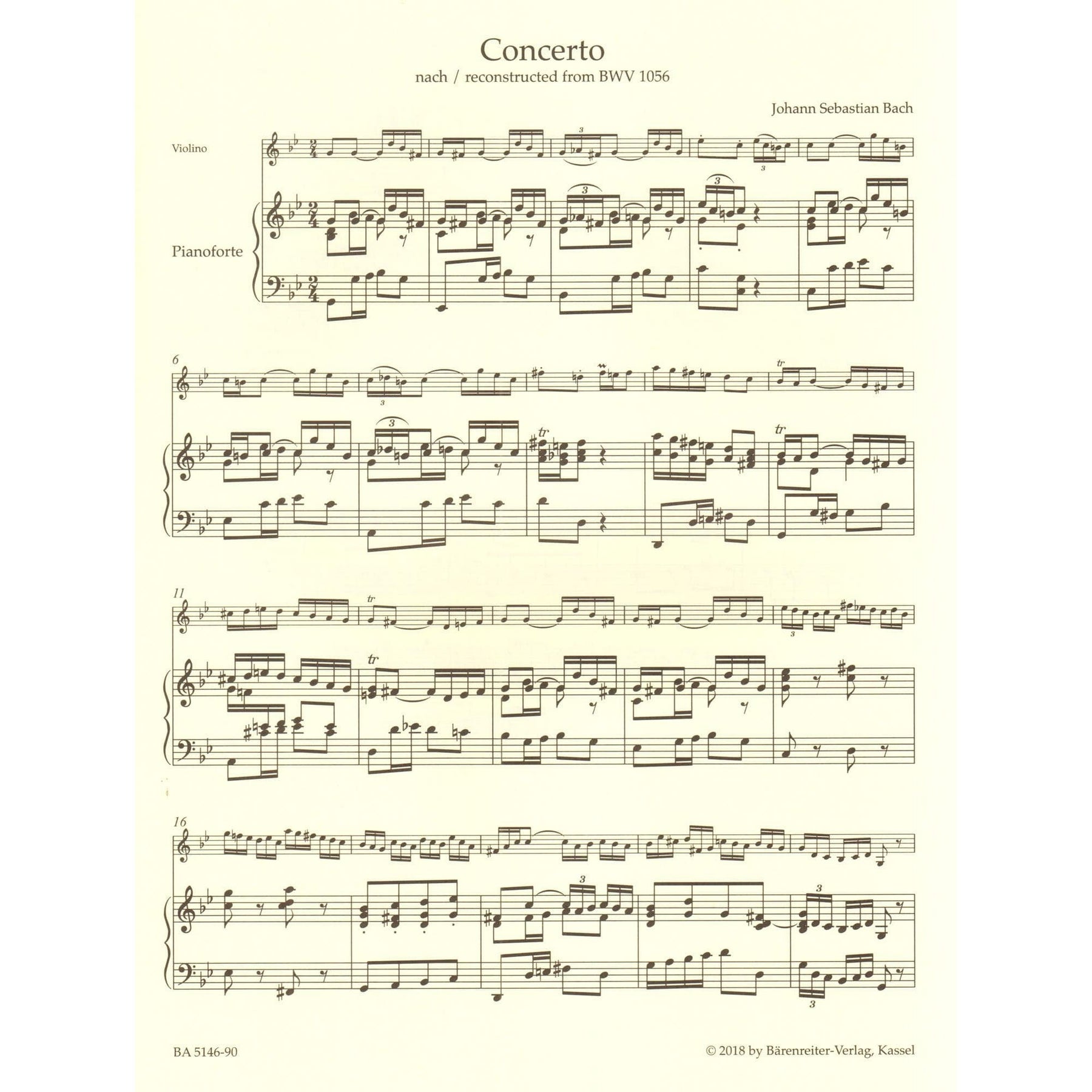 Bach, J.S. - Concerto in G minor, BWV 1056 - for Violin and Piano - Barenreiter URTEXT Edition