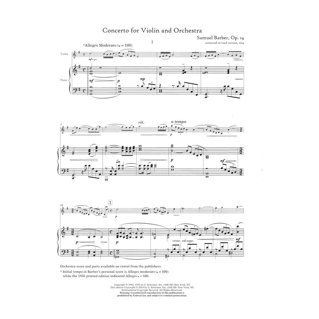 Barber, Samuel - Concerto Op 14 for Violin and Piano Revised - Schirmer Edition