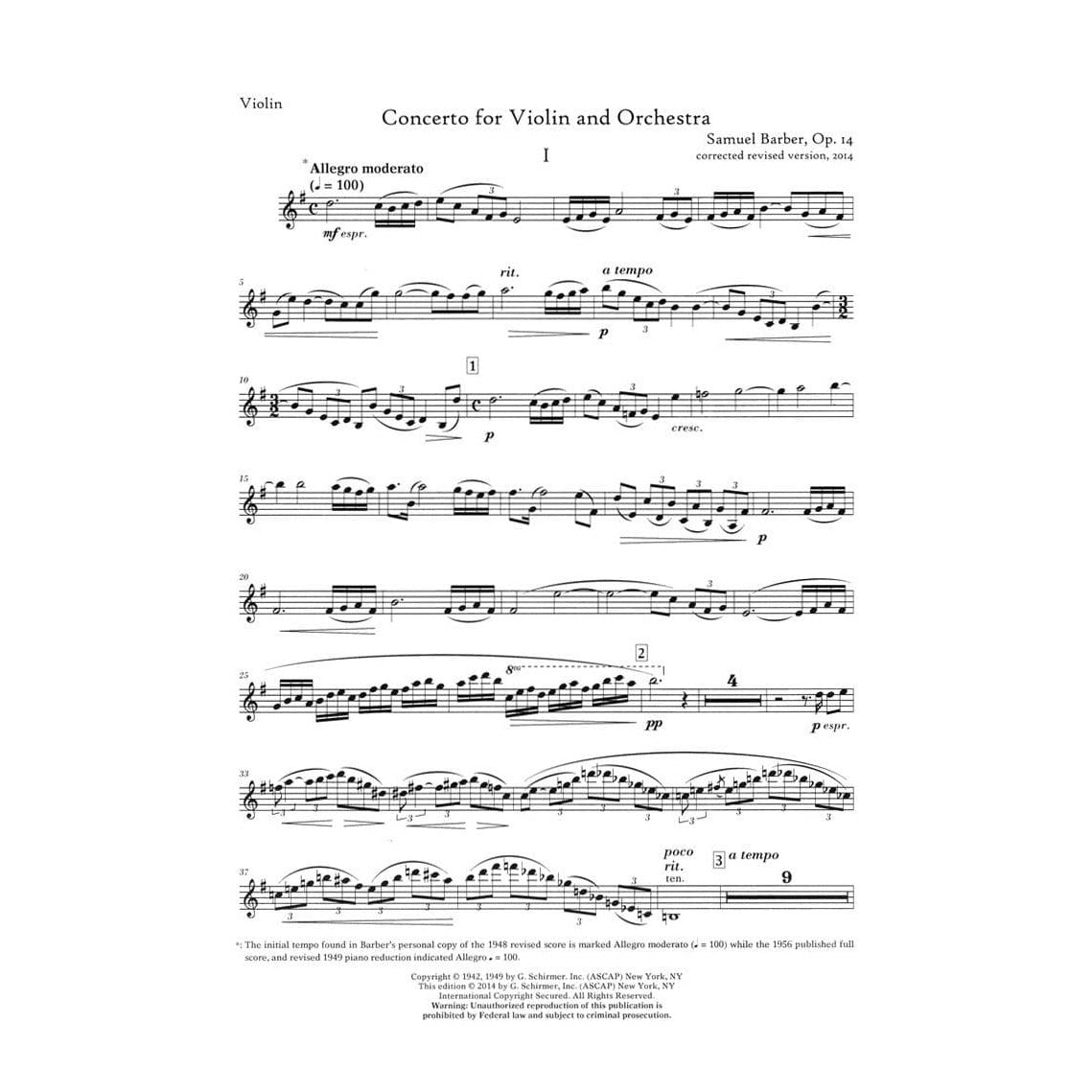 Barber, Samuel - Concerto Op 14 for Violin and Piano Revised - Schirmer Edition