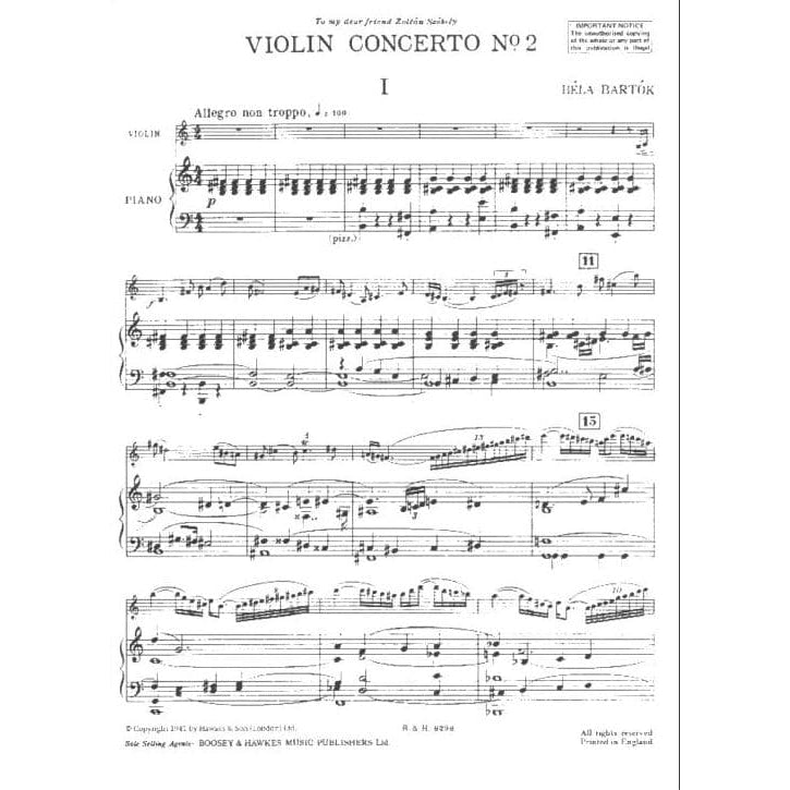 Bartók, Béla  - Violin Concerto No 2, Sz 117 - Violin and Piano - Boosey & Hawkes Edition