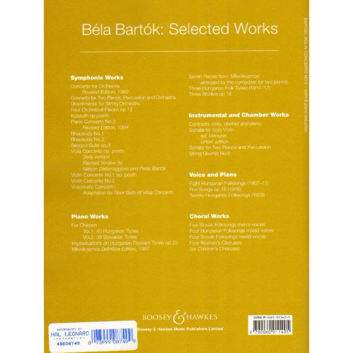 Bartók, Béla  - Violin Concerto No 2, Sz 117 - Violin and Piano - Boosey & Hawkes Edition