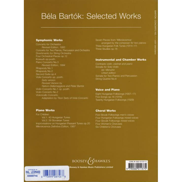 Bartok, Bela - Concerto No 1 Op posth Sz 48a for Violin and Piano - Boosey & Hawkes Edition