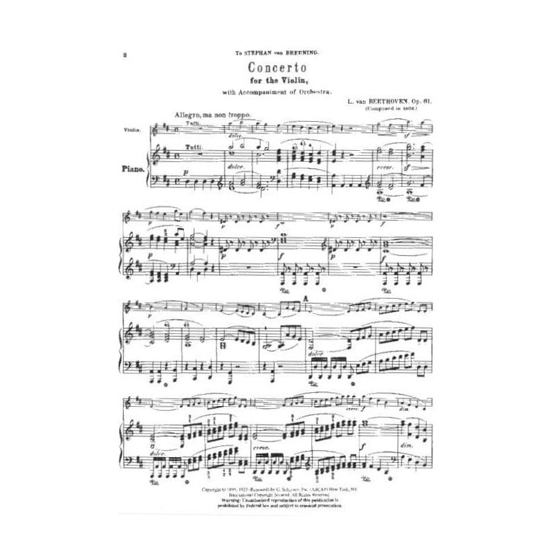 Beethoven, Ludwig - Concerto in D Major Op 61 - Violin and Piano Accompaniment - edited by  Schradieck - Schirmer Edition