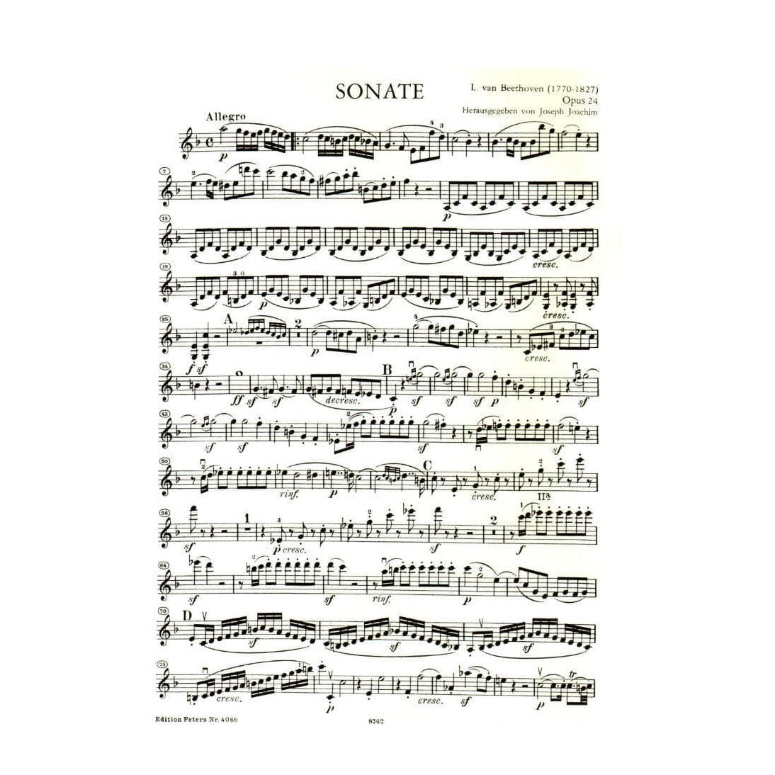 Beethoven, Ludwig - Sonata No 5 in F Major Spring Op 24 for Violin and Piano - Arranged by Joachim - Peters Edition