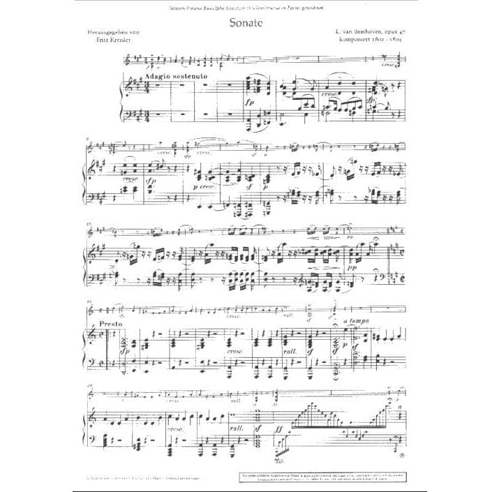 Beethoven, Ludwig - Sonata No 9 in a minor "Kreutzer" Op 47 - Violin and Piano - edited by  Fritz Kreisler - Schott Edition