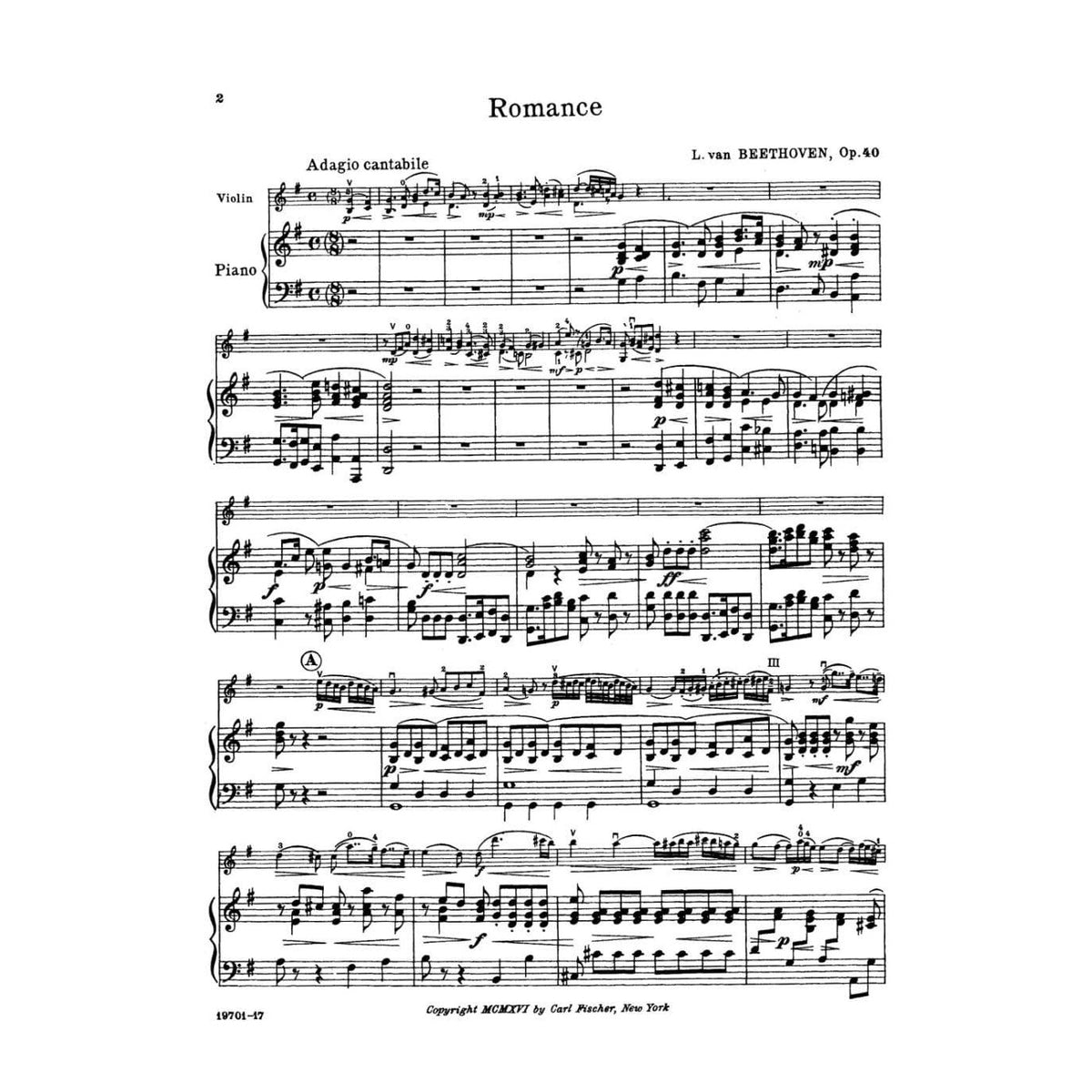 Beethoven, Ludwig - Two Romances, Op 40 and 50 - Violin and Piano - edited by Leopold Auer - Carl Fischer Edition