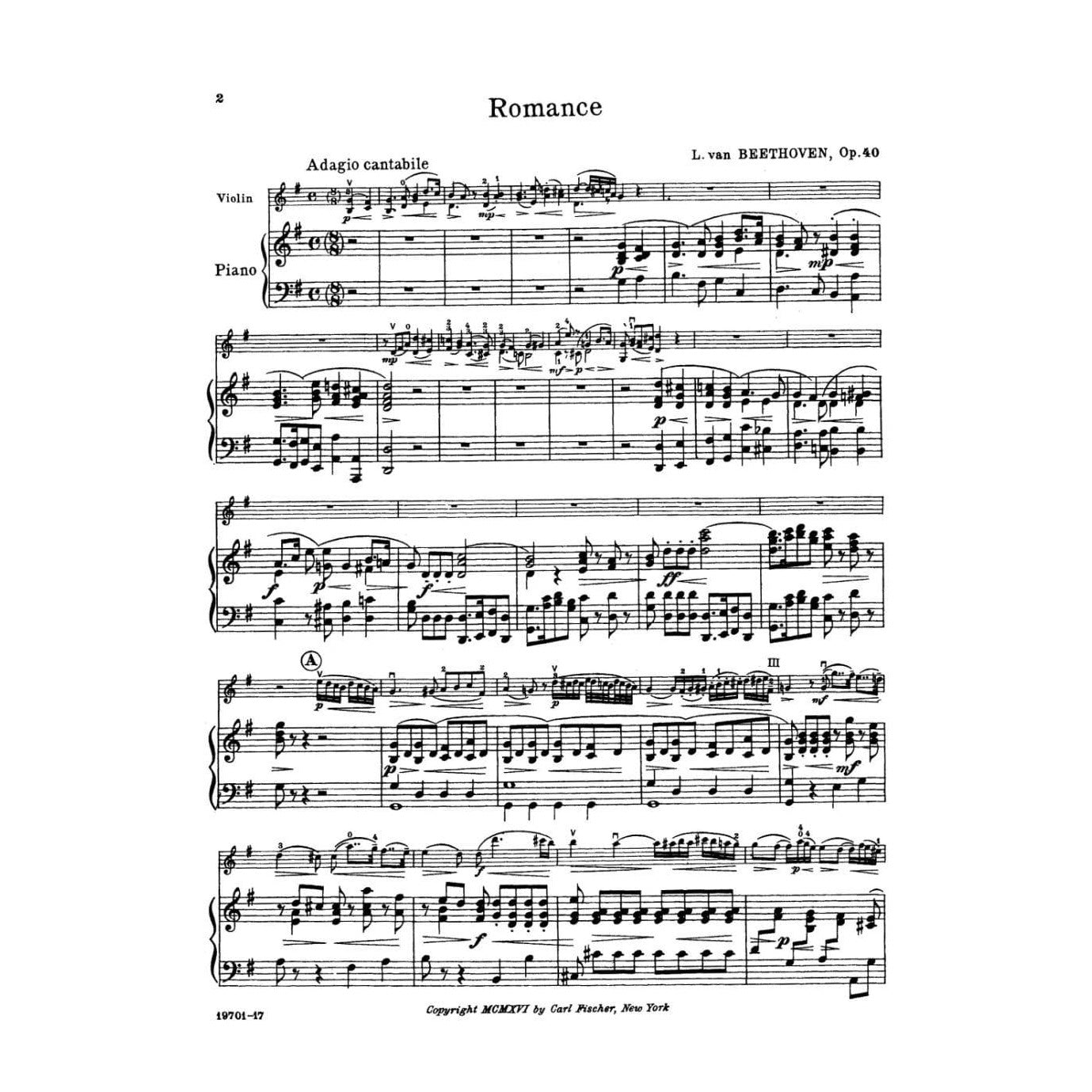 Beethoven, Ludwig - Two Romances, Op 40 and 50 - Violin and Piano - edited by Leopold Auer - Carl Fischer Edition