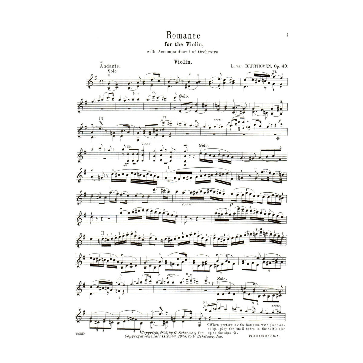 Beethoven, Ludwig - Two Romances, Op 40 and 50 - Violin and Piano - edited by Henry Schradieck - G Schirmer Edition