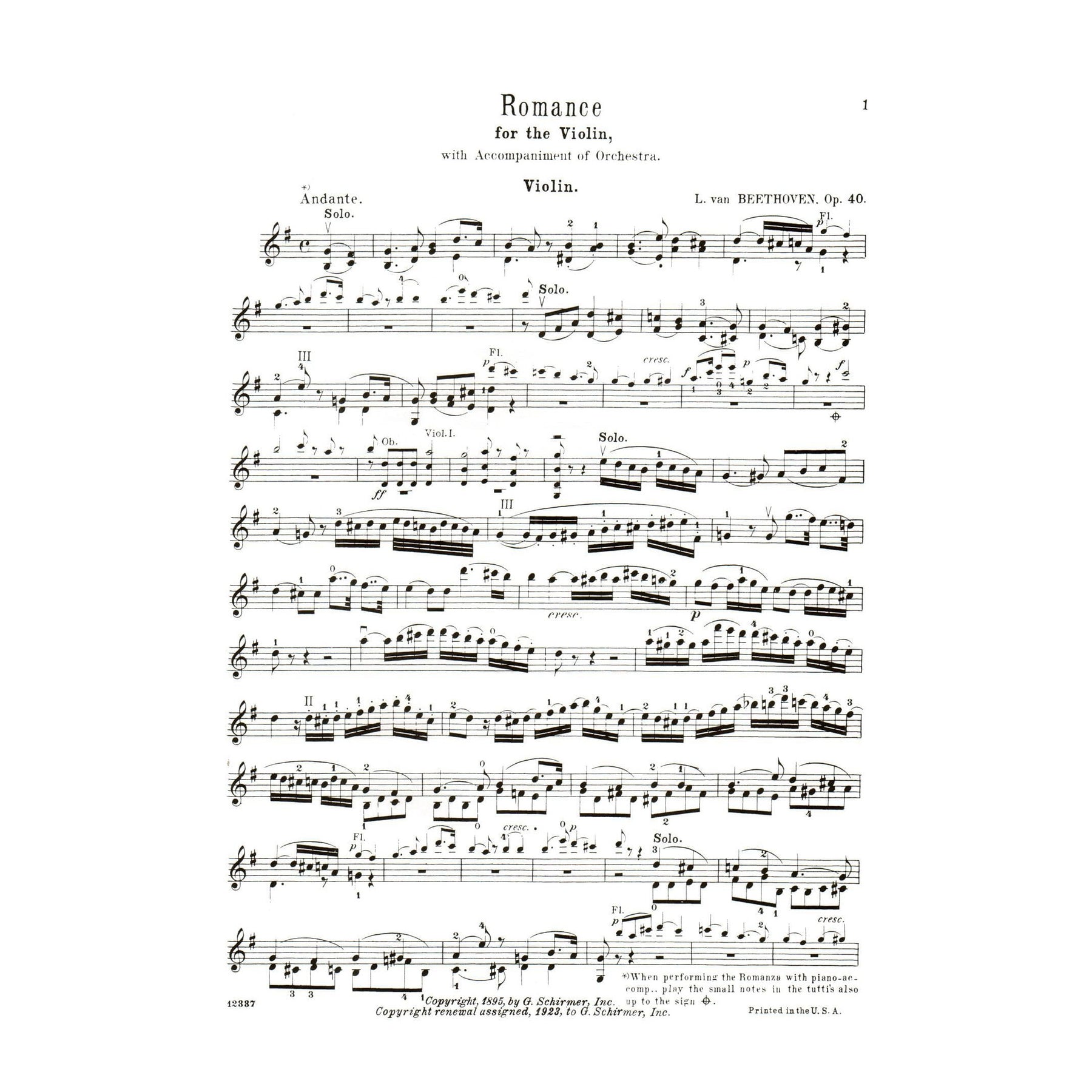 Beethoven, Ludwig - Two Romances, Op 40 and 50 - Violin and Piano - edited by Henry Schradieck - G Schirmer Edition