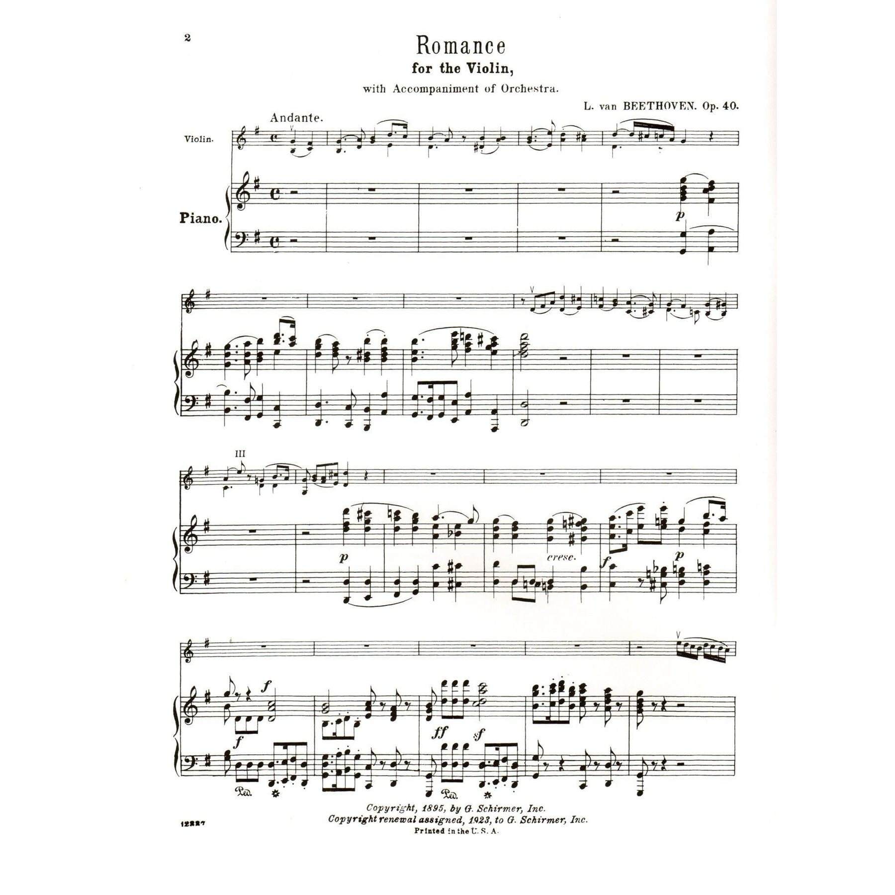 Beethoven, Ludwig - Two Romances, Op 40 and 50 - Violin and Piano - edited by Henry Schradieck - G Schirmer Edition