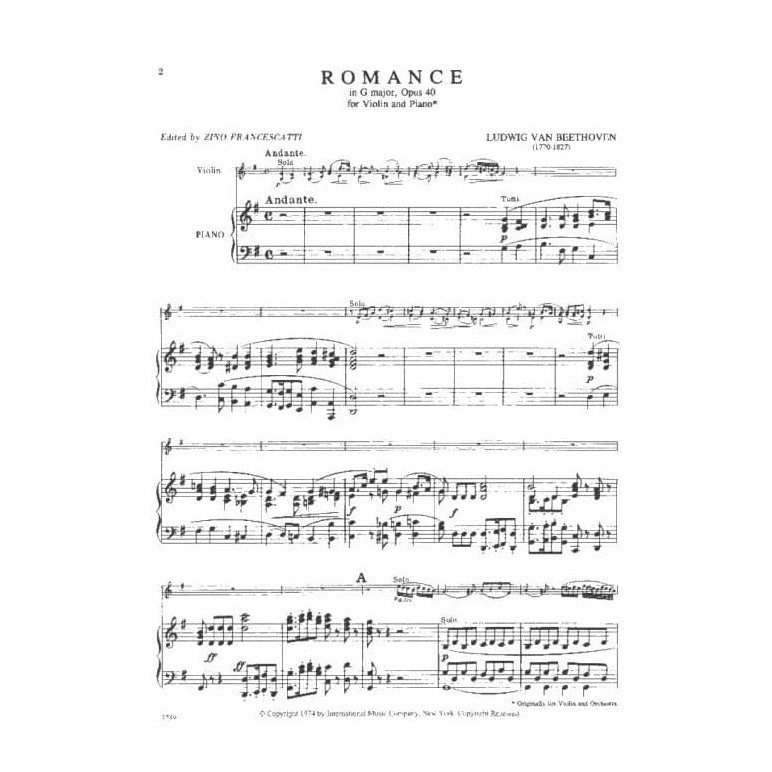 Beethoven, Ludwig - Two Romances, Op 40 and 50 - Violin and Piano - edited by Zino Francescatti - International Music Company Edition