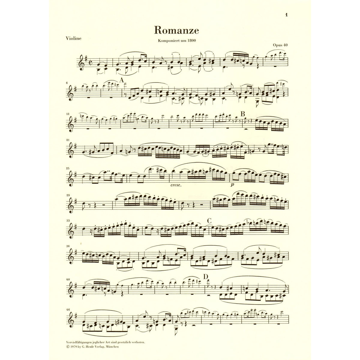 Beethoven, Ludwig - Two Romances, Op 40 and 50 - Violin and Piano - edited by Wolfgang Schneiderhan - G Henle Verlag URTEXT