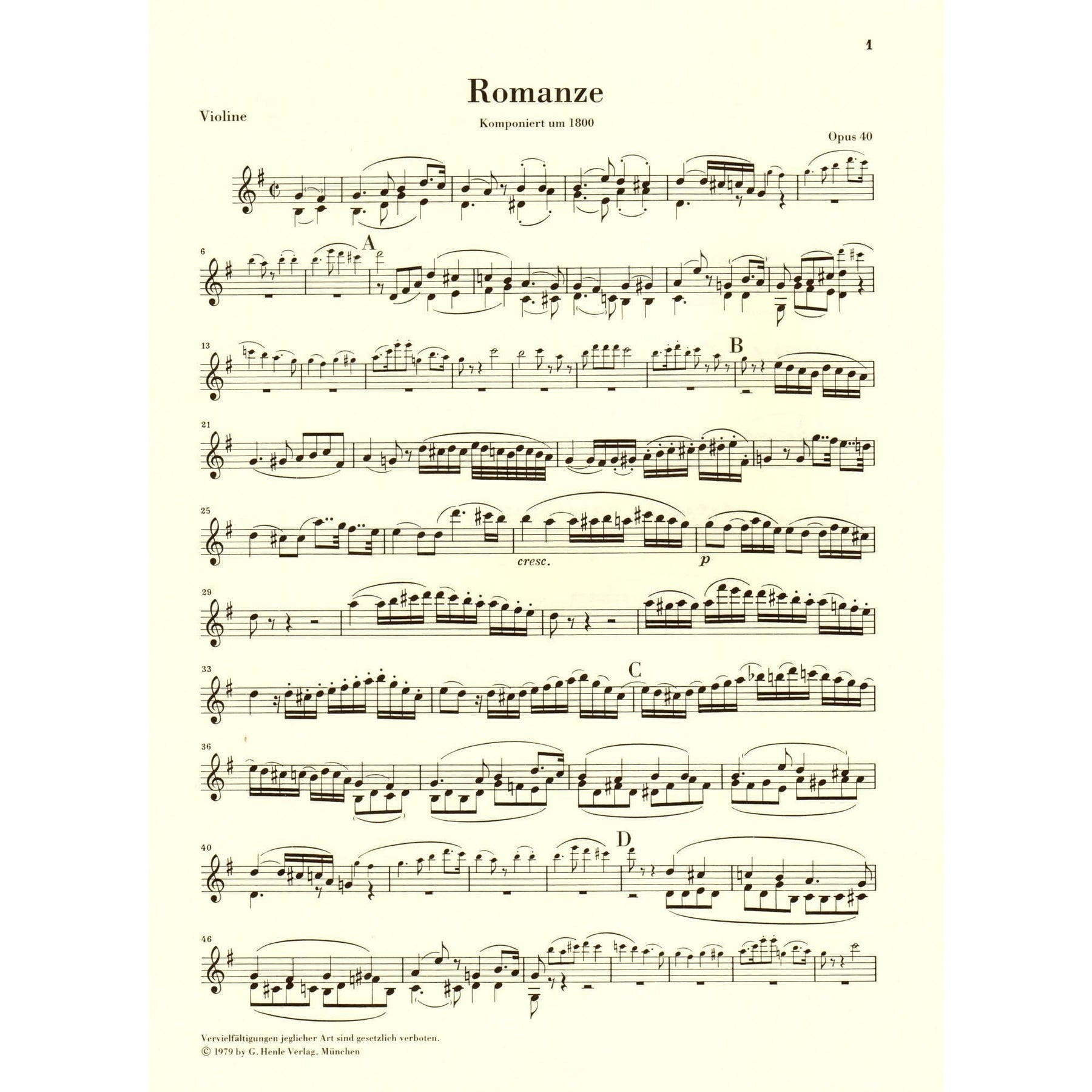 Beethoven, Ludwig - Two Romances, Op 40 and 50 - Violin and Piano - edited by Wolfgang Schneiderhan - G Henle Verlag URTEXT