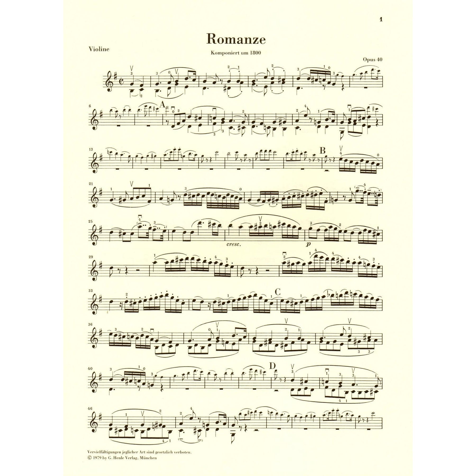 Beethoven, Ludwig - Two Romances, Op 40 and 50 - Violin and Piano - edited by Wolfgang Schneiderhan - G Henle Verlag URTEXT