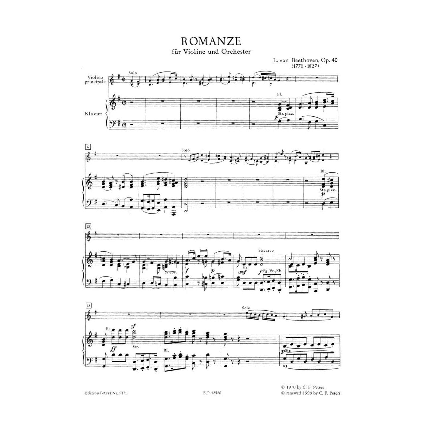 Beethoven, Ludwig - Two Romances, Op 40 and 50 - Violin and Piano - edited by Igor Oistrakh - Edition Peters