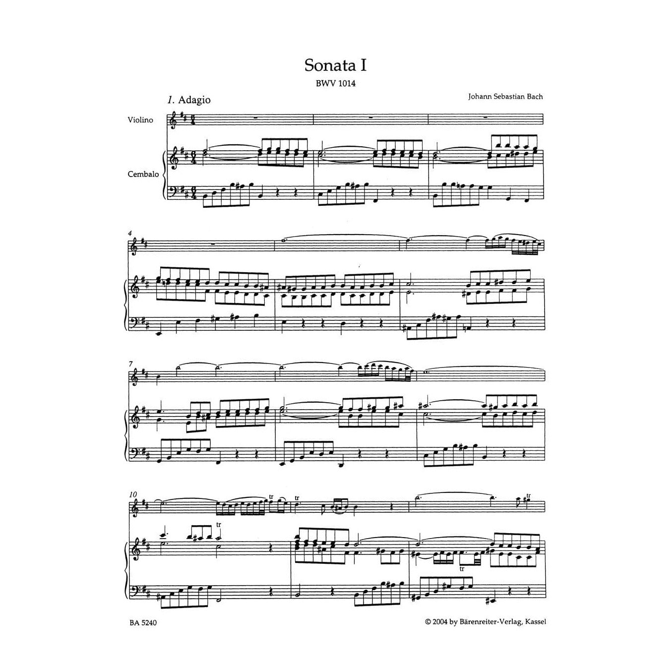 Bach, JS - Six Sonatas, BVW 1014-1019 - Violin and Piano - edited by Peter Wollny and Andrew Manze - Bärenreiter Verlag URTEXT