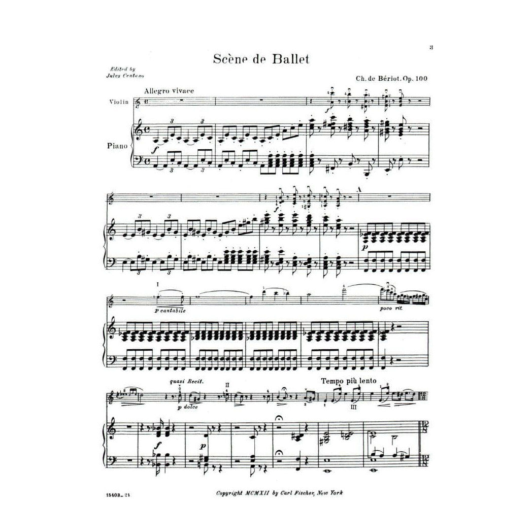 Beriot, Charles De - Scene De Ballet Op 100 for Violin and Piano - Arranged by Centano - Fischer Edition