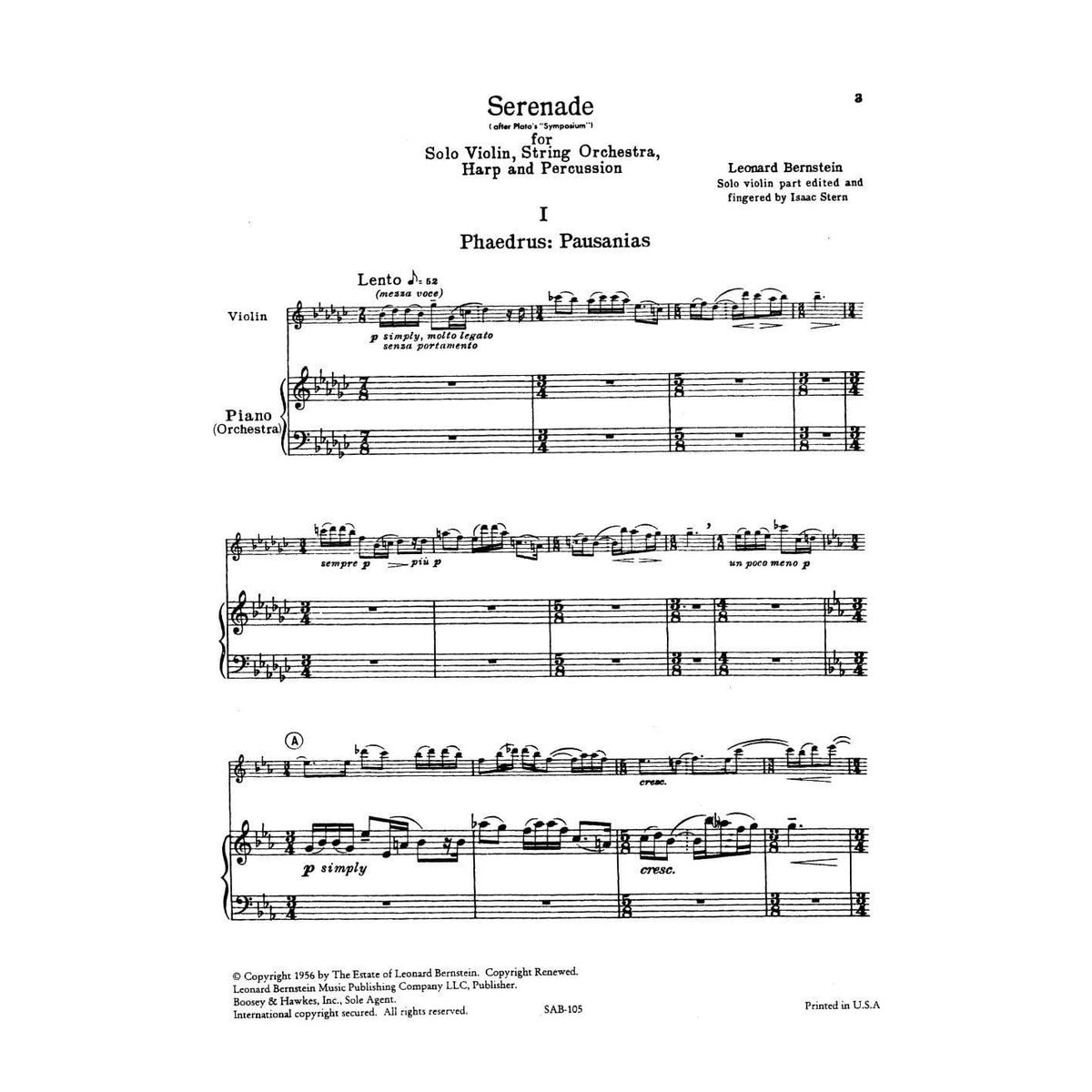 Bernstein, Leonard - Serenade (after Plato's "Symposium") for Violin and Piano - Edited by Stern - Boosey & Hawkes Edition