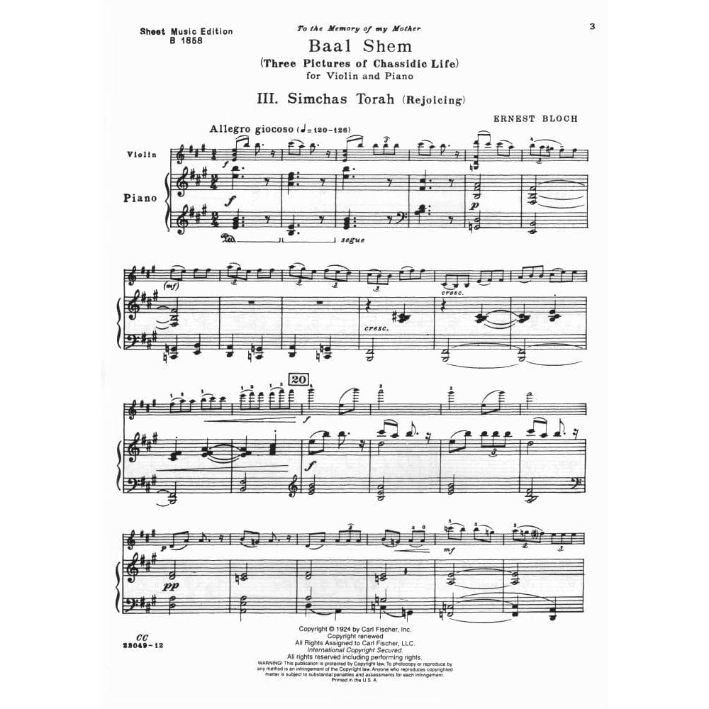 Bloch, Ernest - Simchas Torah (Rejoicing) No 3 from "Baal Shem" (Three Pictures of Chassidic Life) for Violin with Piano Accompaniment - Fischer Edition