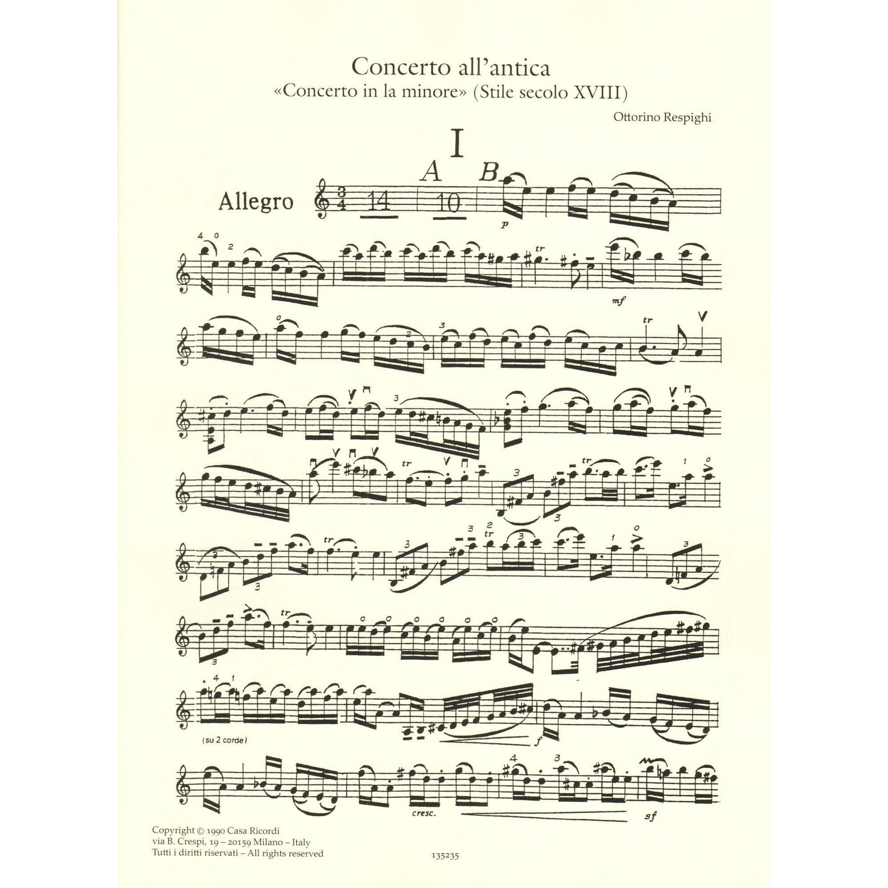 Respighi, Ottorino - Concerto All'Antica in A minor (18th Century Style) - for Violin and Piano - Ricordi