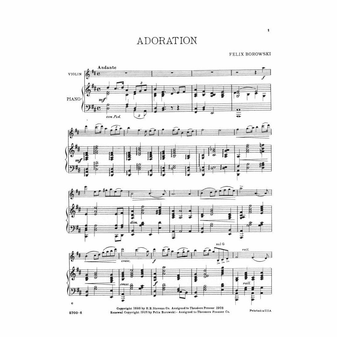 Borowski, Felix - Adoration for Violin and Piano - Theodore Presser Publication