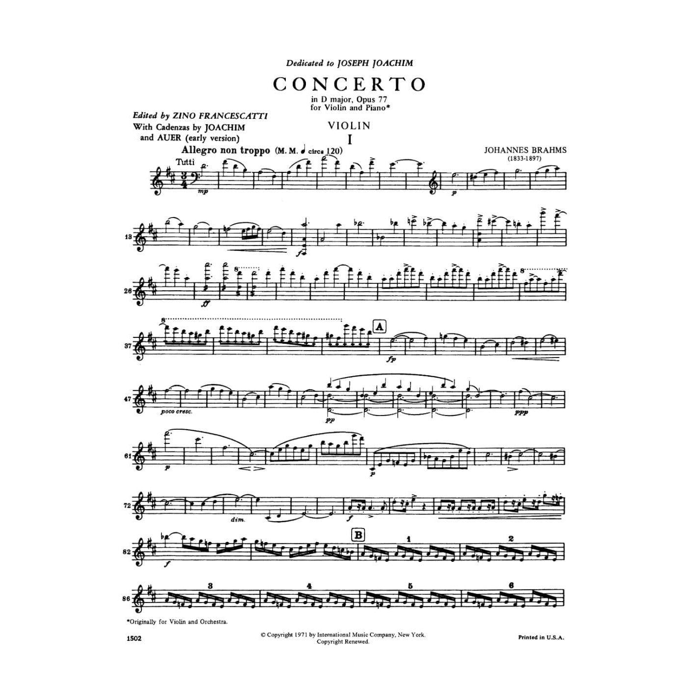 Brahms, Johannes - Concerto in D Major, Op 77 - Violin and Piano - edited by Zino Francescatti - International Music Company