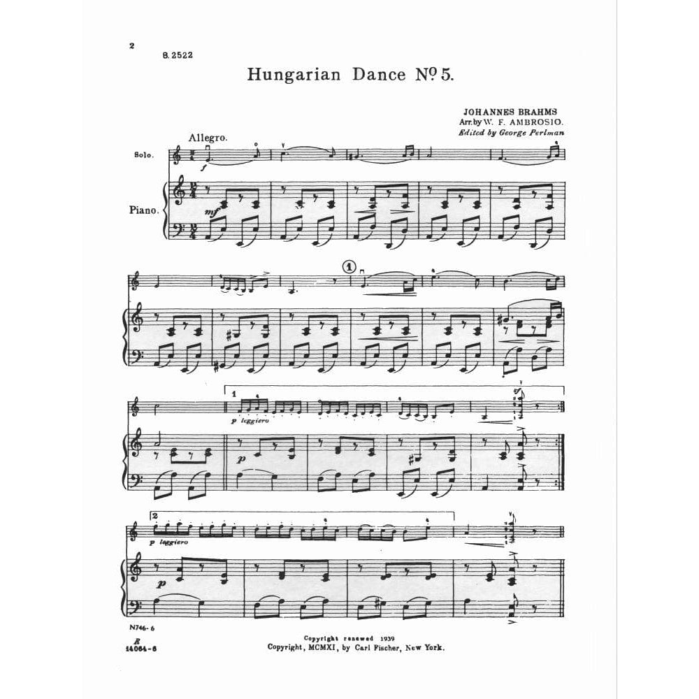 Brahms - Hungarian Dance No 5 - for Violin and Piano - edited by G Perlman - Carl Fischer