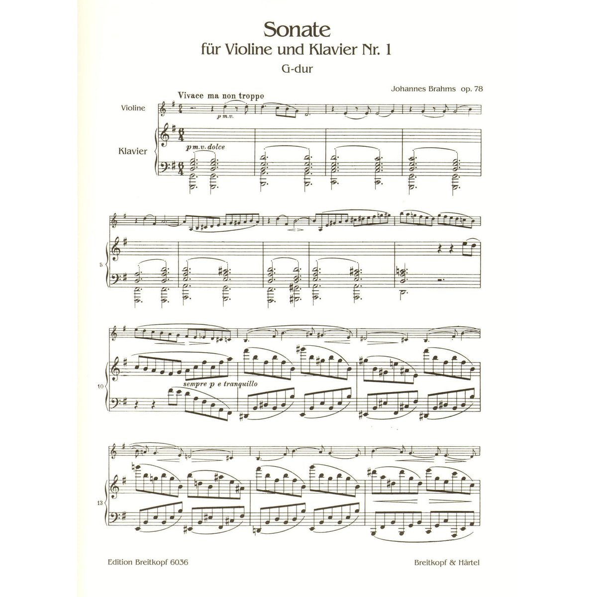 Brahms, Johannes - Sonata No 1 in G Major Op 78 for Violin and Piano - Breitkopf and Haertel Edition