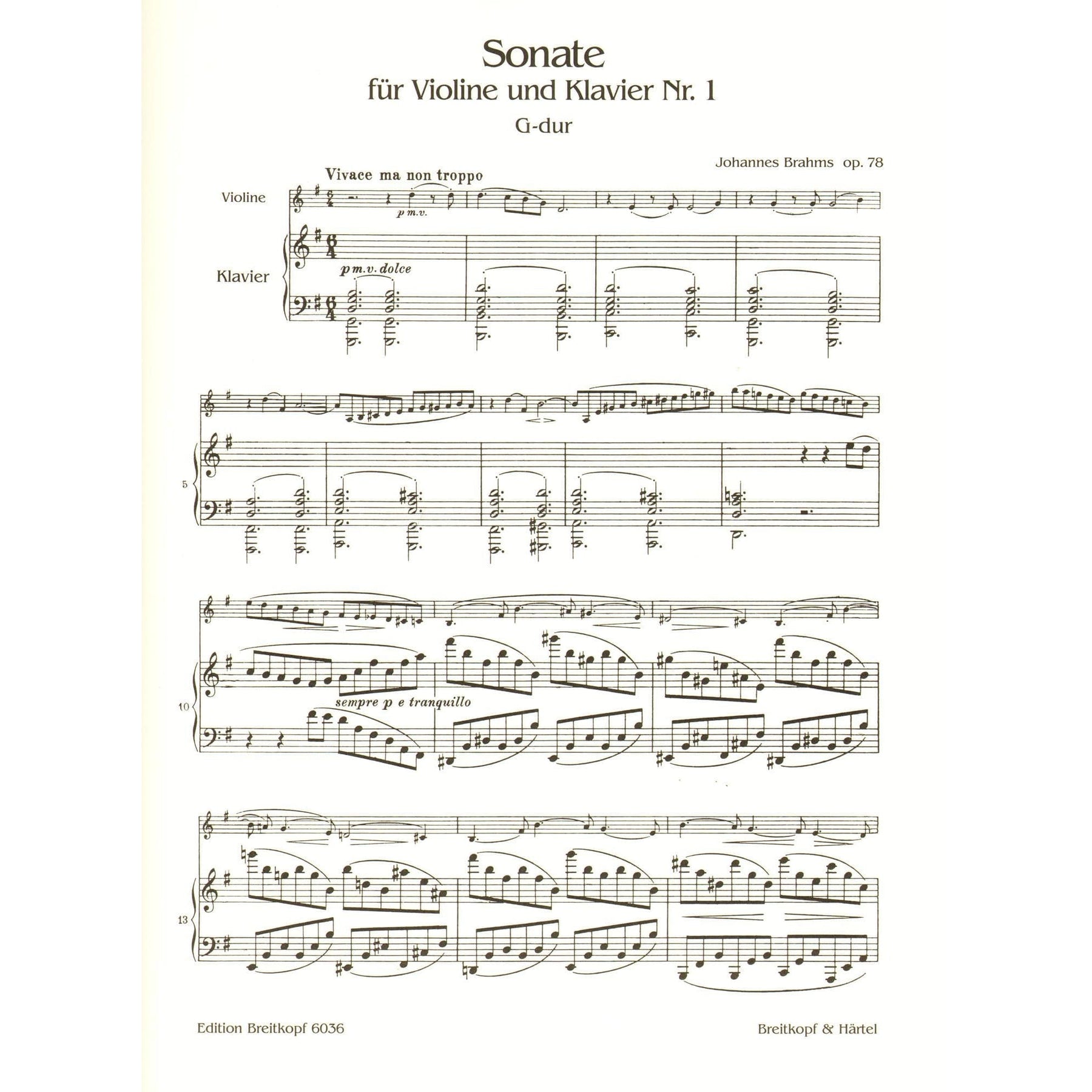 Brahms, Johannes - Sonata No 1 in G Major Op 78 for Violin and Piano - Breitkopf and Haertel Edition