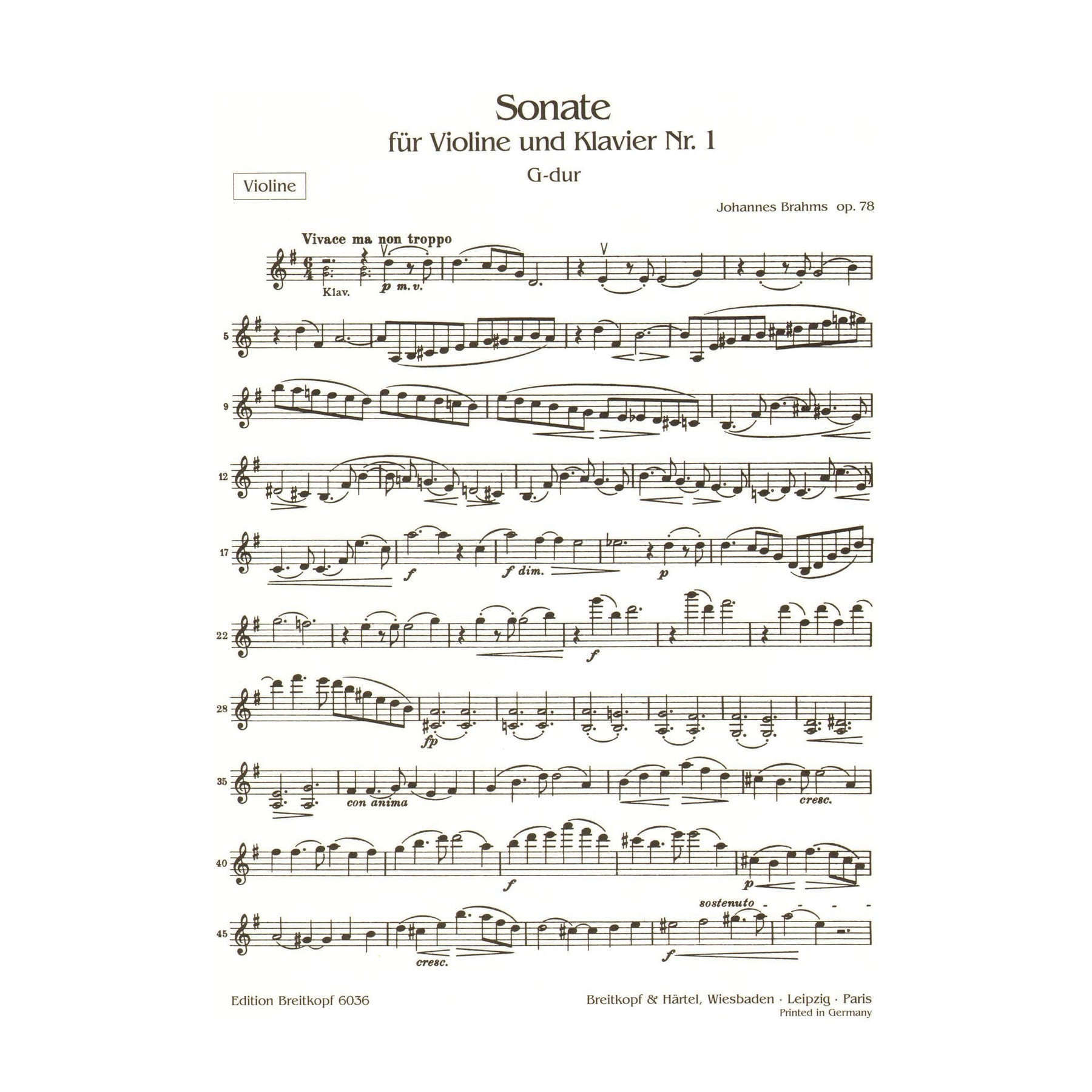 Brahms, Johannes - Sonata No 1 in G Major Op 78 for Violin and Piano - Breitkopf and Haertel Edition
