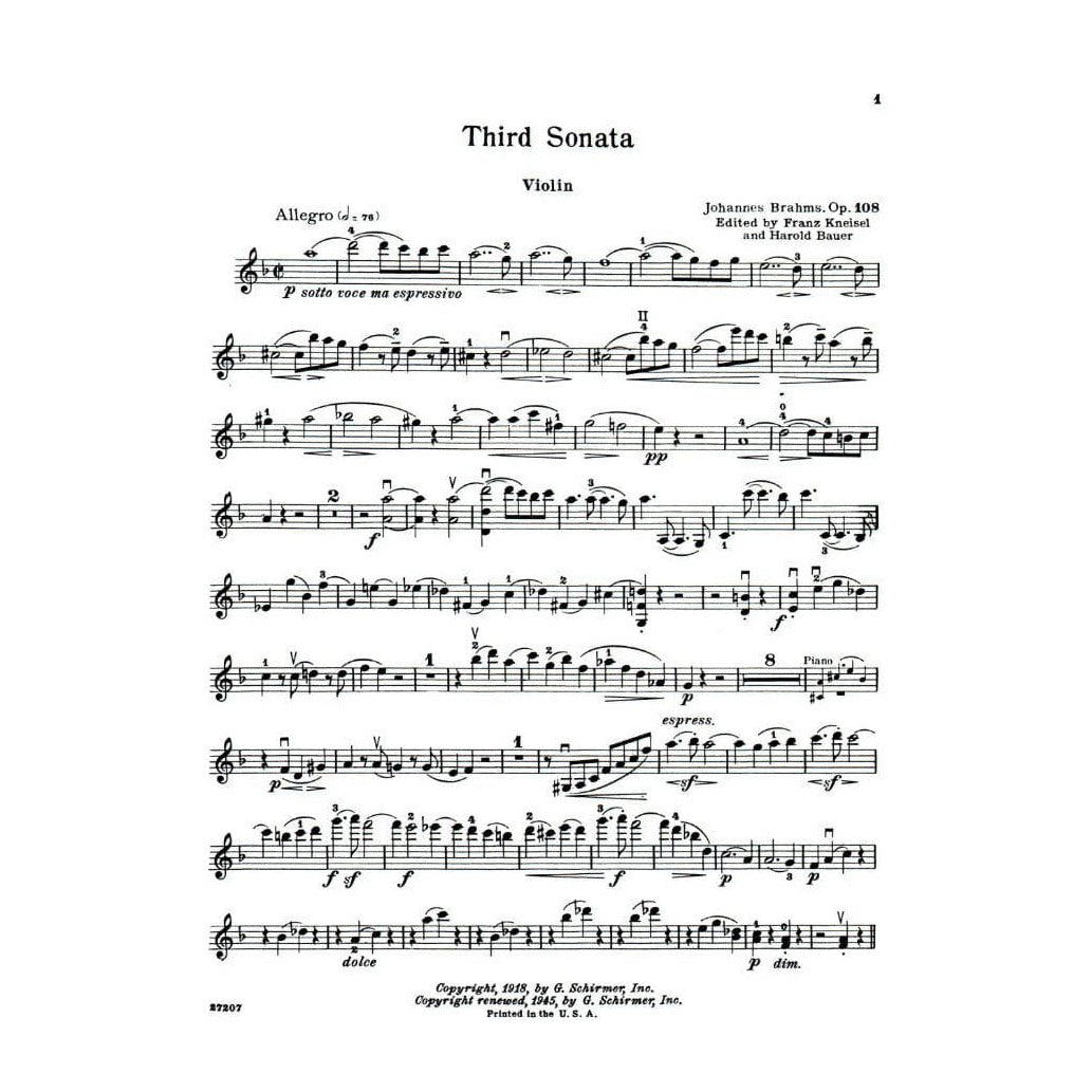 Brahms, Johannes - Sonata No 3 in d minor Op 108 for Violin and Piano - Arranged by Kneisel - Schirmer Edition