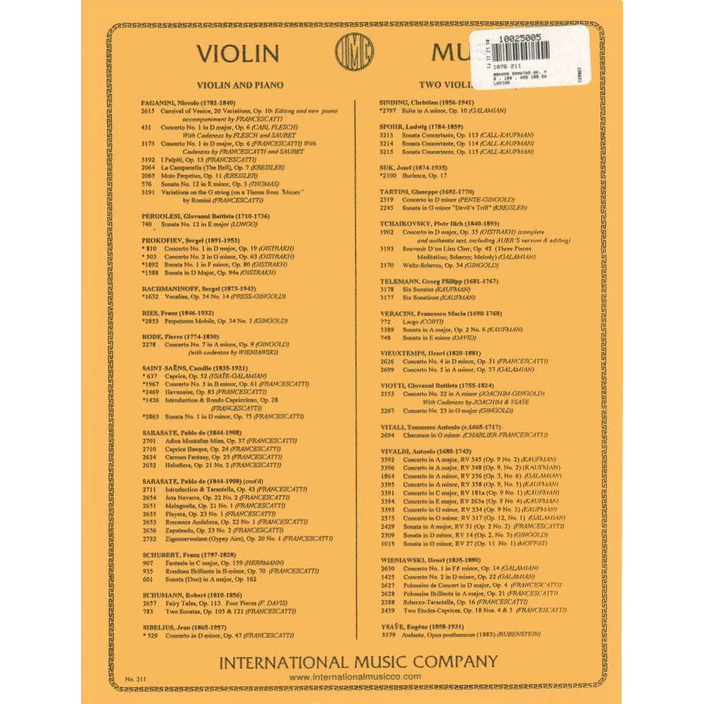Brahms -Three Sonatas for Violin and Piano - edite by Ivan Galamian - International Music Company