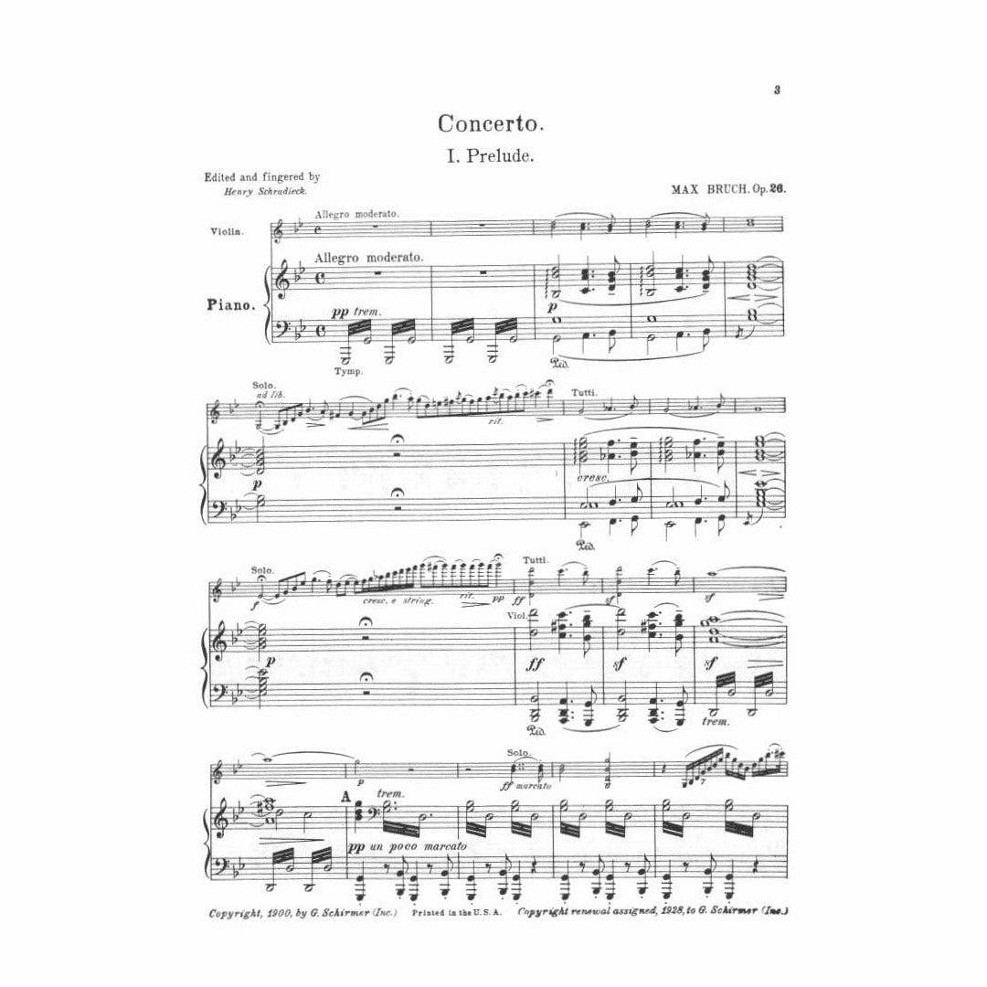Bruch, Max - Concerto No 1 in g minor Op 26 for Violin and Piano - Arranged by Schradieck - Schirmer Edition
