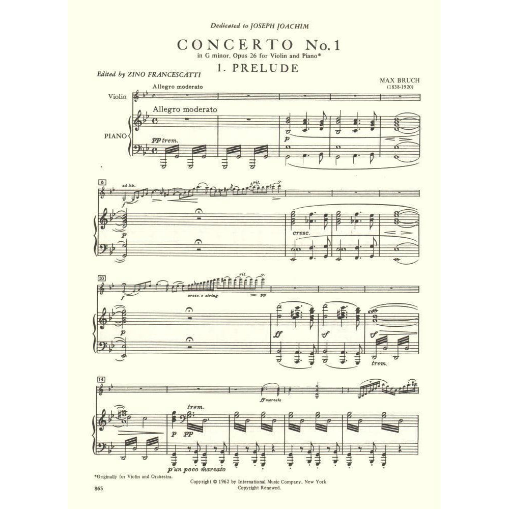 Bruch, Max - Concerto No 1 in G Minor, Op 26 - for Violin and Piano - arranged by Zino Francescatti - International Edition