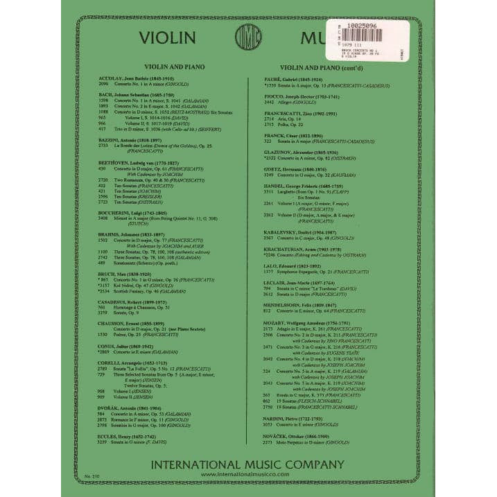 Bruch, Max - Concerto No 1 in G Minor, Op 26 - for Violin and Piano - arranged by Zino Francescatti - International Edition