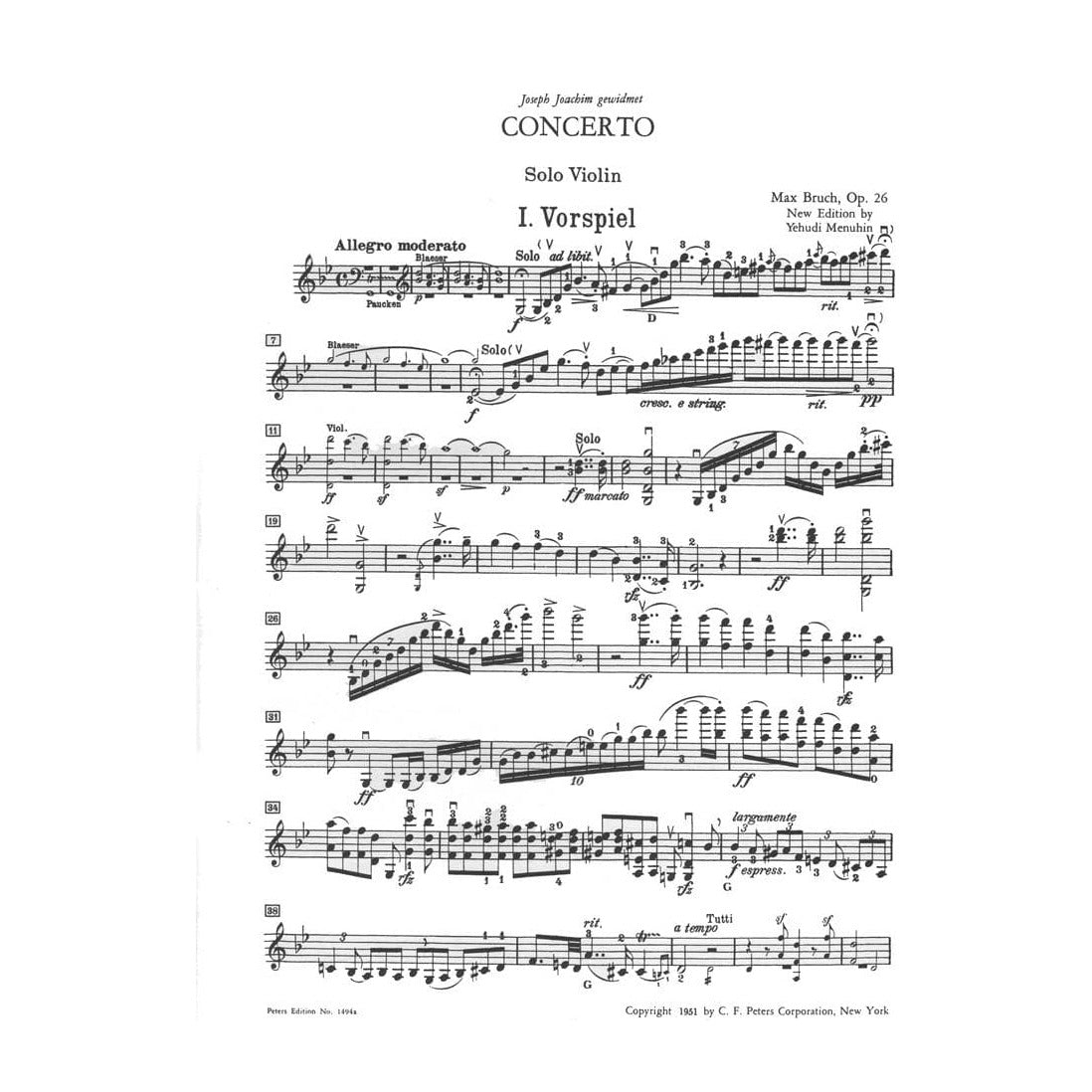 Bruch, Max - Concerto No 1 in G Minor, Op 26 - for Violin and Piano - edited by Yehudi Menuhin - Peters Edition