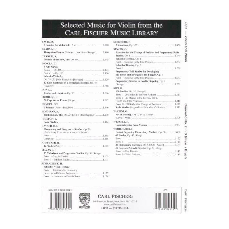 Bruch, Max - Concerto No 2 in D Minor for Violin and Piano, Op 44 - for Violin and Piano - edited by Leopold Auer - Carl Fischer Edition