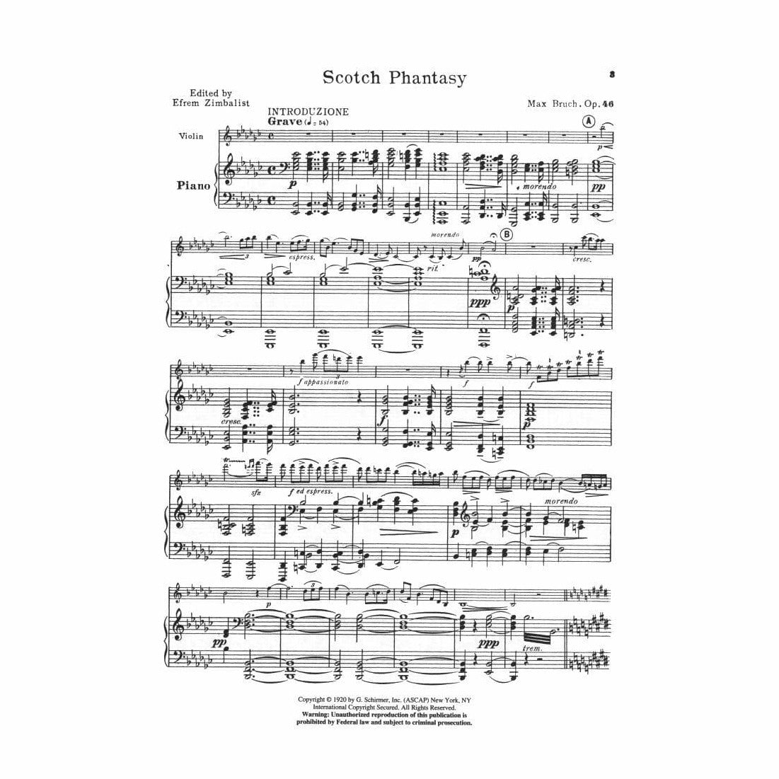 Bruch, Max - Scotch Phantasy (Scottish Fantasy) for the Violin, Op 46 - edited by Efrem Zimbalist - G Schirmer Edition