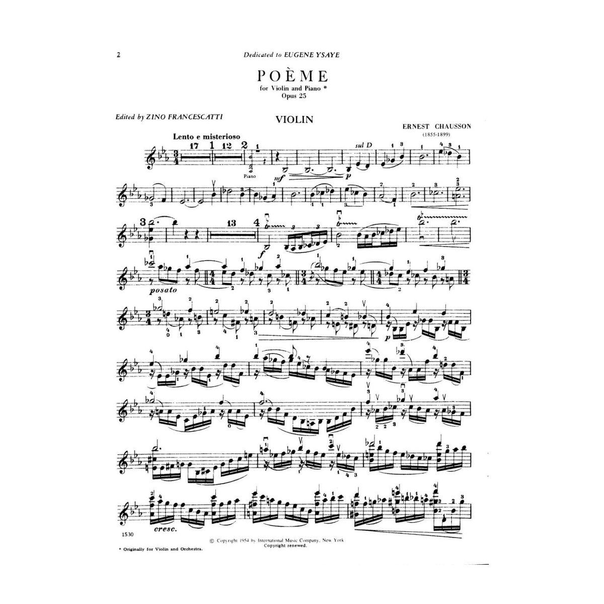 Chausson, Ernest - Poeme Op 25 for Violin and Piano - Arranged by Francescatti - International Edition