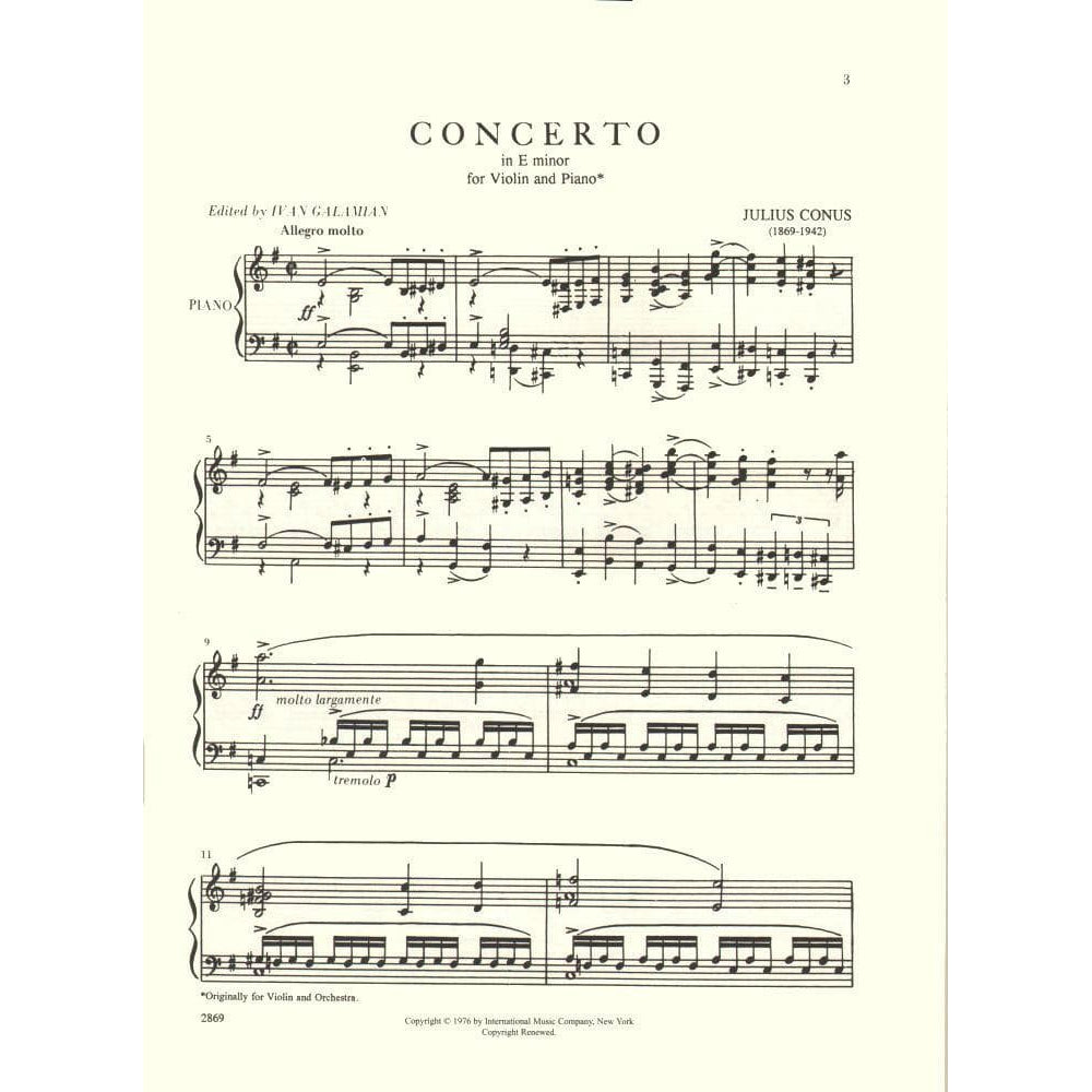 Conus, Julius - Concerto in E Minor for Violin and Piano - edited by Ivan Galamian - International Edition