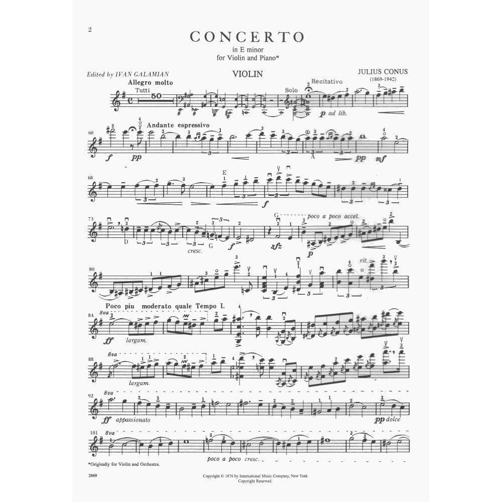 Conus, Julius - Concerto in E Minor for Violin and Piano - edited by Ivan Galamian - International Edition