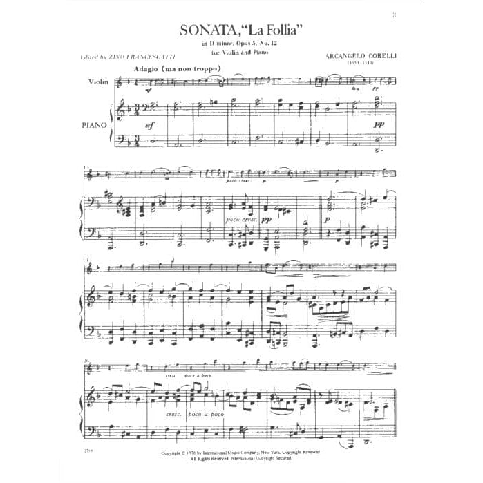 Arcangelo Corelli -  Violin Sonata in D Minor, Op 5 No 12 "La Folia" - Violin and Piano - edited by Zino Francescatti - International Music Company