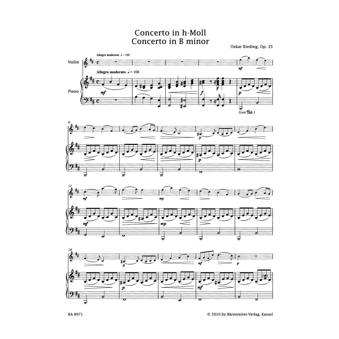 Rieding, Oskar - Violin Concerto in B Minor, Op 35 - Violin and Piano - edited by Kurt Sassmannshaus - Bärenreiter